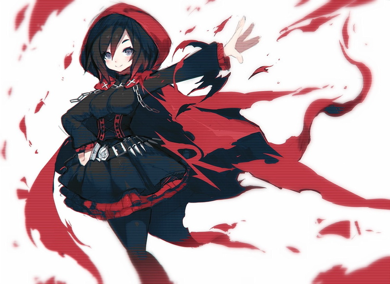 rwby, brown, cape, corset, short, ruby, blush, 720P, gray, eyes, hair, hoodie, mamuru, rose