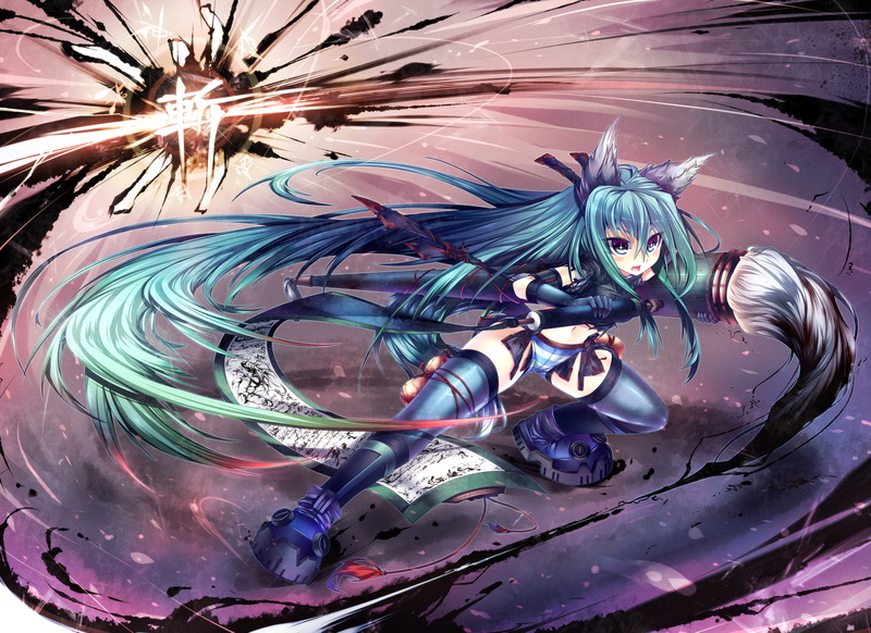 original, mamuru, thighhighs, aqua, hair, 720P, long, animal, striped, foxgirl, ears