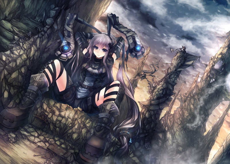 bunnygirl, boots, clouds, hair, 1080P, sky, animal, ears, original, purple, mamuru, bunny