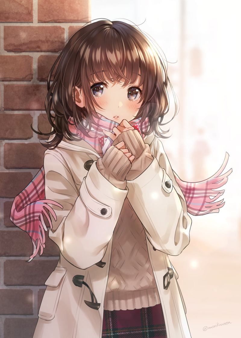 drawing, scarf, cold, blushing, digital art, brunette, portrait display, Morikura En, original characters, 720P, sweater, women, illustration, looking at viewer