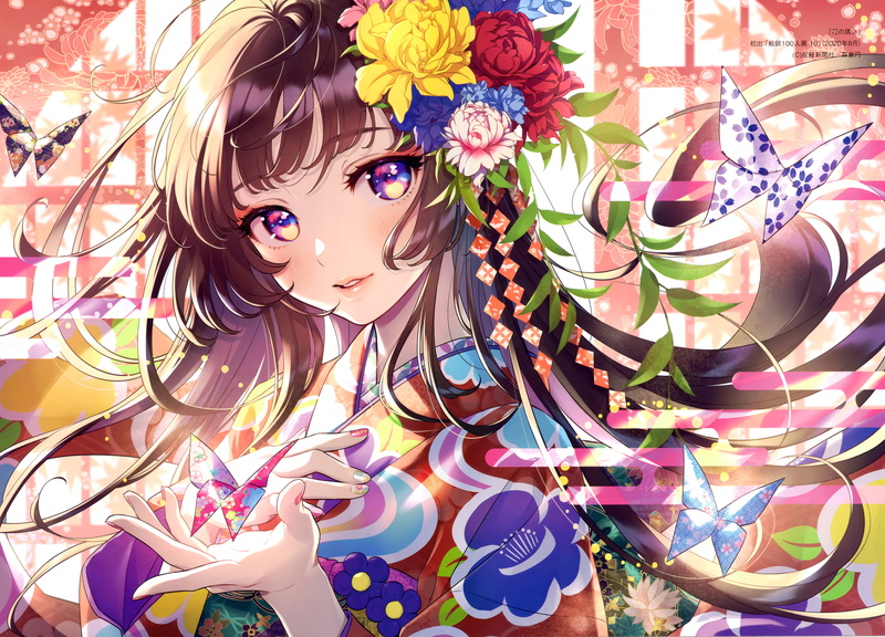 flowers, butterflies, 4K, brunette, Morikura En, yukata, blue eyes, colorful
