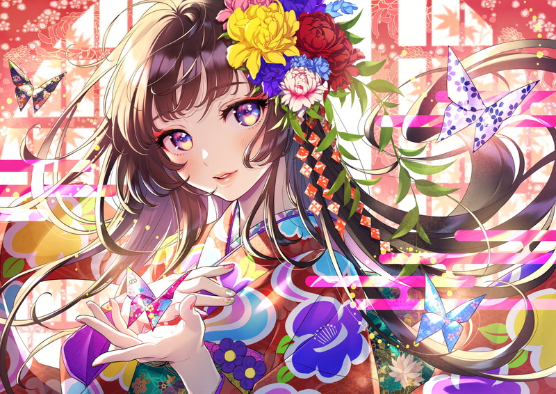 purple eyes, brunette, 720P, flowers, anime, long hair, butterflies, looking at viewer, anime girls, kimono, Morikura En