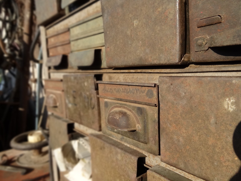 shape, close-up, selective focus, full frame, drawers, box, antique, metal, tool, backgrounds, wood - material, rusted, container, no people, stack, indoors