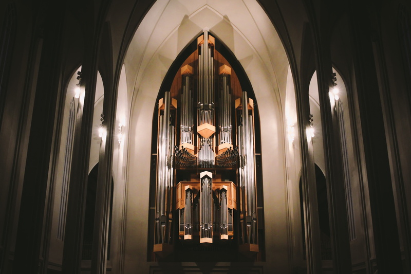 no people, indoors, religion, built structure, illuminated, organ, belief, low angle view, music, arch, church, lighting, architecture, 4K, metal, reykjavík
