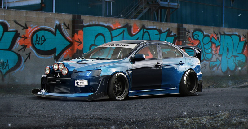 road, built structure, Lancer, mural, motor vehicle, Front, building exterior, Tuning, street, Color, Evolution, creativity, city, by Khyzyl Saleem, car