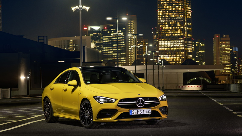 Sedan, 4K, Car, Luxury Car, Mercedes-AMG CLA 35, Subcompact Car, Yellow Car, Mercedes-Benz