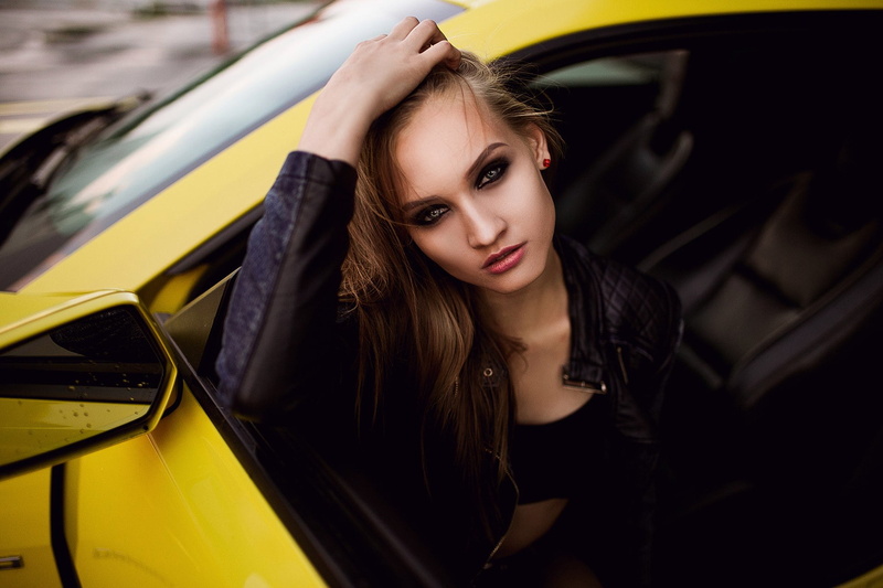 motor vehicle, young women, women outdoors, transportation, women, one person, portrait, car, brunette, Camaro, beautiful woman, adult, yellow, 1080P