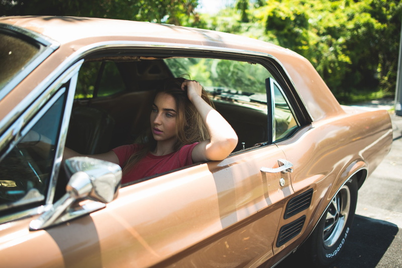 women with cars, adult, hairstyle, blonde, young adult, looking away, 1080P, land vehicle, Ford Mustang, nature, hands on head, beautiful woman, mode of transportation