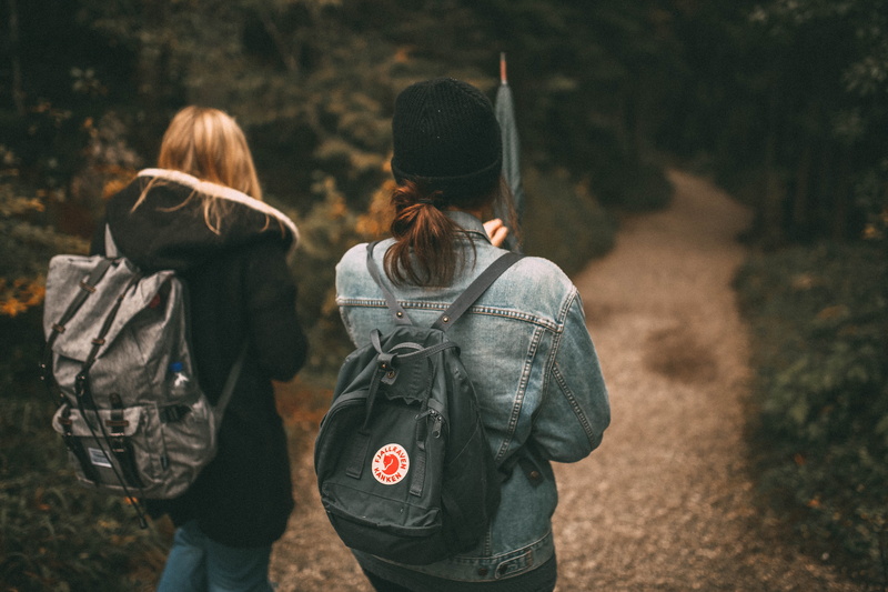 plants, hairstyle, rear view, people, forest, travel, emotion, backpack, 5K, outdoors, friends, tree, two people, pathway, woods, adult, grass, walking