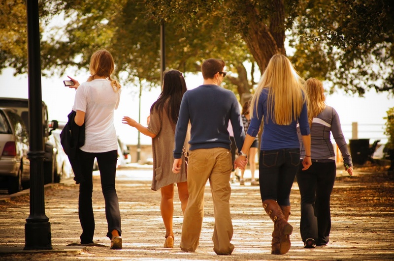adult, men, group of people, full length, hair, tree, rear view, friends, day, casual clothing, blonde, outdoors, street, female, five, near, leisure activity
