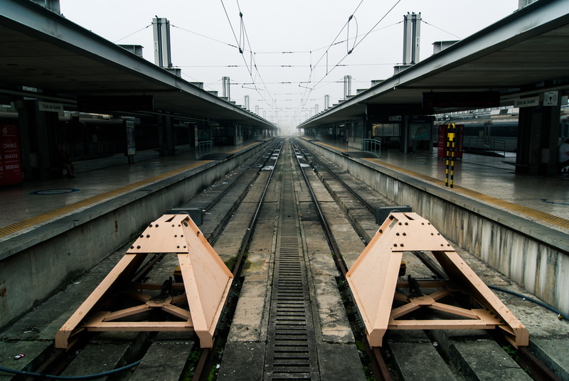 day, symmetry, connection, lines, rail transportation, diminishing perspective, tracks, bridge - man made structure, city life, train, bridge, nature, public transportation