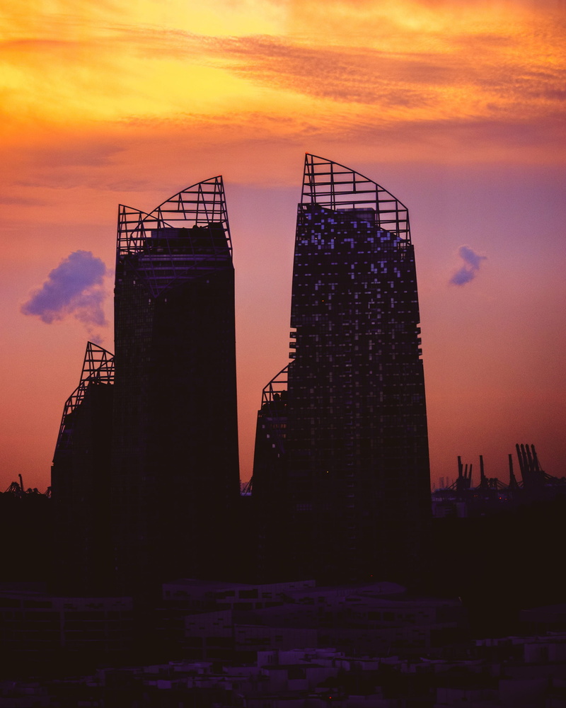 dramatic sky, architecture, construction equipment, outdoors, building exterior, sunset, cloud - sky, sky, nature, sentosa, city, silhouette, factory, building