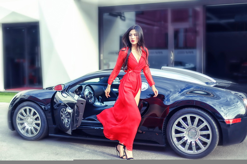 dress, gait, red, mode of transportation, portrait, car, women, long hair, sleeved, hairstyle, front view, fashion, beautiful woman, motor vehicle, 1080P
