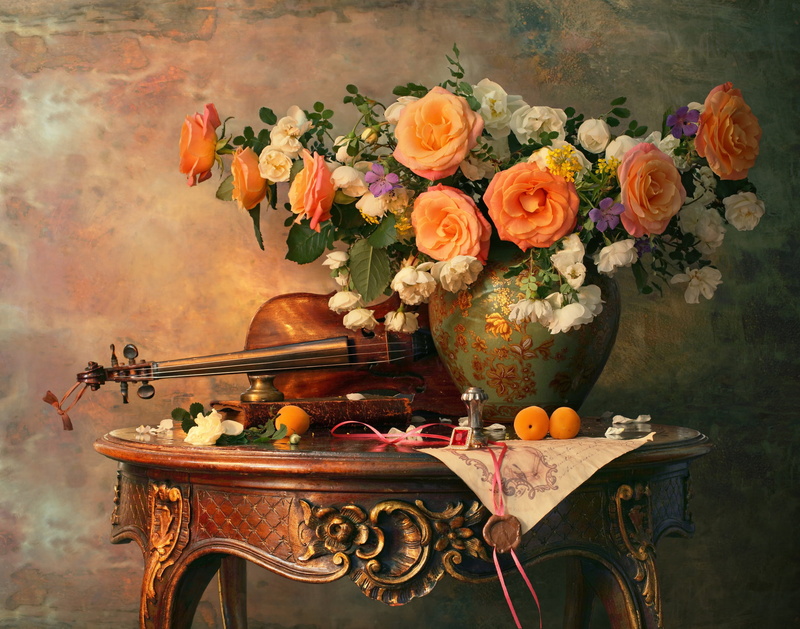 roses, Andrey Morozov, bouquet, style, violin, still life, flowers, apricots, vase, 1080P