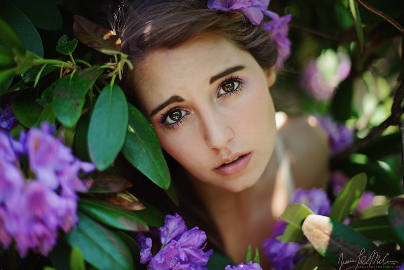 flores, green, leaves, women, model, 1080P, top view, brown eyes, looking at viewer, Jessica LaRue McCann, face