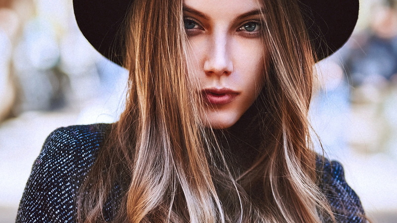 long hair, 1080P, blonde, model, Martin Strauss, straight hair, hat, face, looking at viewer, women, portrait