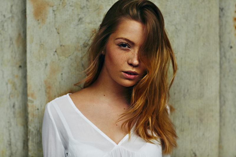 freckles, looking at viewer, 720P, model, Martin Strauss, redhead, face, wavy hair, women, long hair