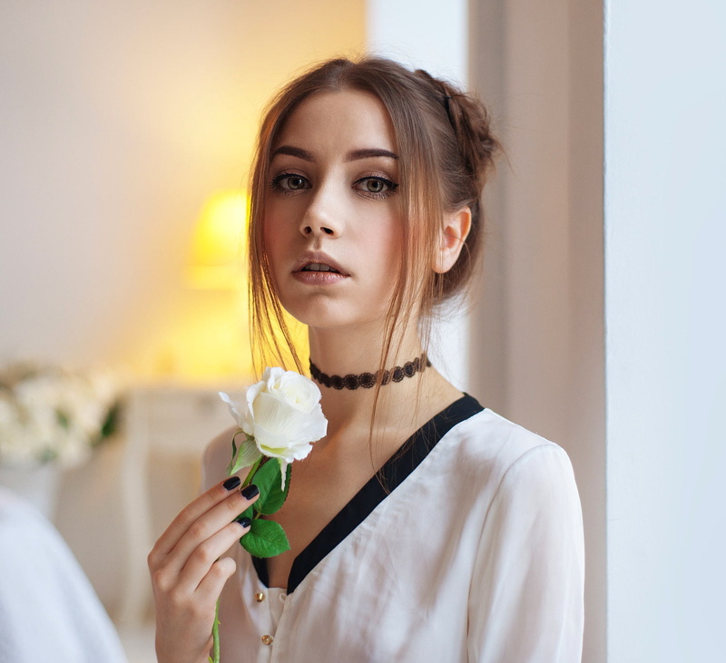 blouse, eyeliner, portrait, rose, makeup, Maxim Maximov, Ksenia Kokoreva, white clothing, women, hairbun, 720P, white, looking at viewer, flowers, brunette