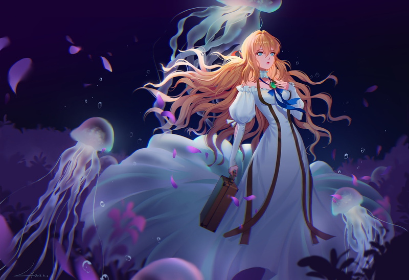 animal themes, water, vertebrate, animal wildlife, sea life, animals in the wild, multi colored, underwater, marine, violet evergarden, blonde, jellyfish