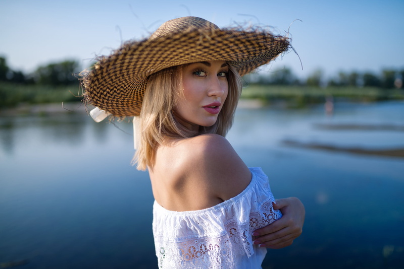 day, sun hat, lake, young adult, beautiful woman, portrait, clothing, blue, outdoors, lifestyles, off shoulder, hair, women outdoors, hat, beauty, women