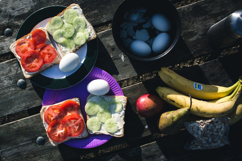 dinner, fruit, bowl, no people, food, healthy eating, Camping, sandwich, variation, plate, still life, outside, high angle view, vegetable, 5K, freshness