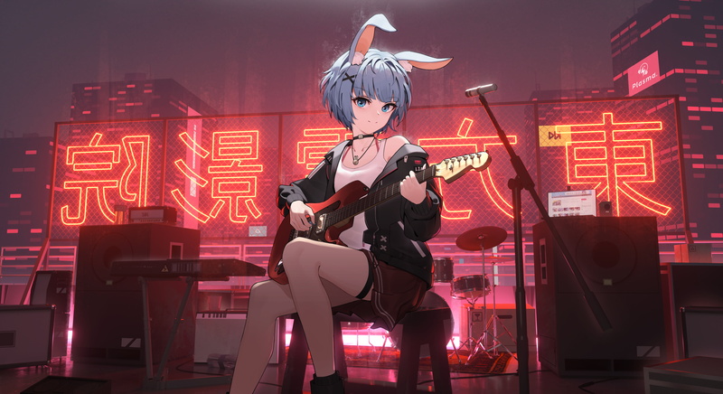 city lights, blue eyes, synthesizer, bunny ears, guitar, necklace, anime girls, blue hair, barrette, looking at viewer, neon lights, laptop, 5K, anime