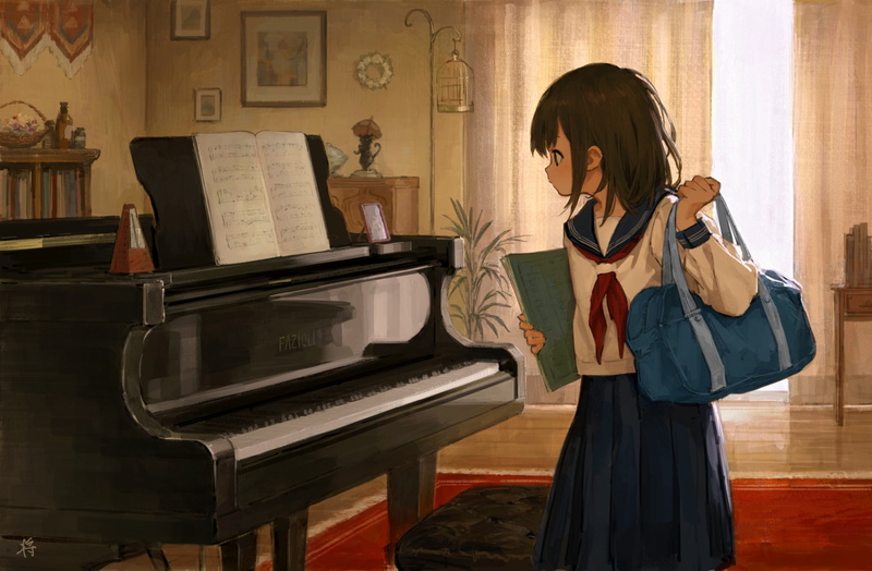 hairstyle, Anime, music, long hair, musical instrument, musician, Book, young adult, Original, leisure activity, three quarter length, Bag, one person