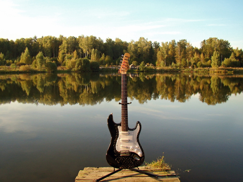wooden path, lake, guitar, electric, water reflection, body, front, scenics - nature, nature, sunlight, tranquility, tree, beauty in nature, no people