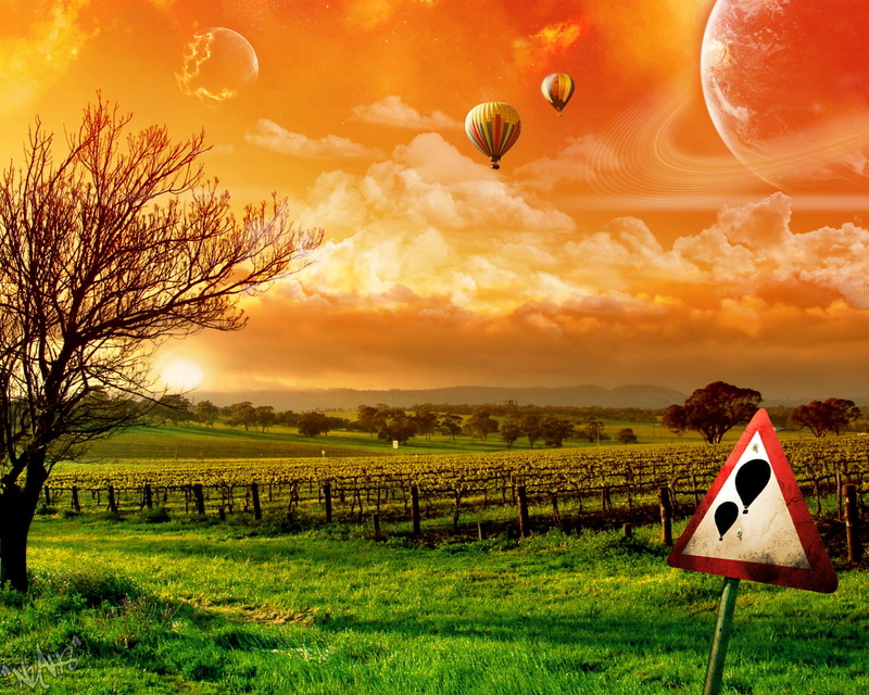 vineyard, sunset, fantasy, planet, hd, balloon, 720P