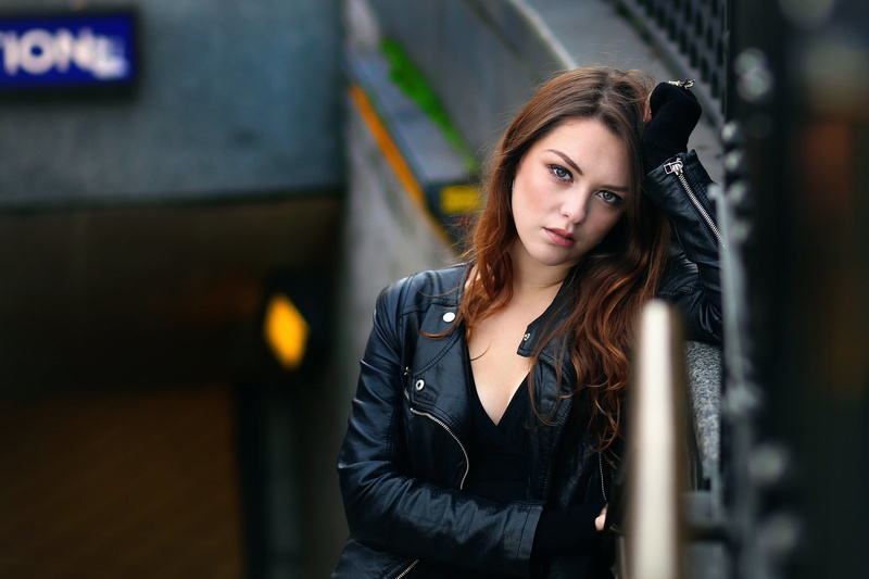1080P, casual clothing, beauty, portrait, the city, leather jacket, brown hair, young women, Weekly Imogen, young adult, leather, looking at camera, front view