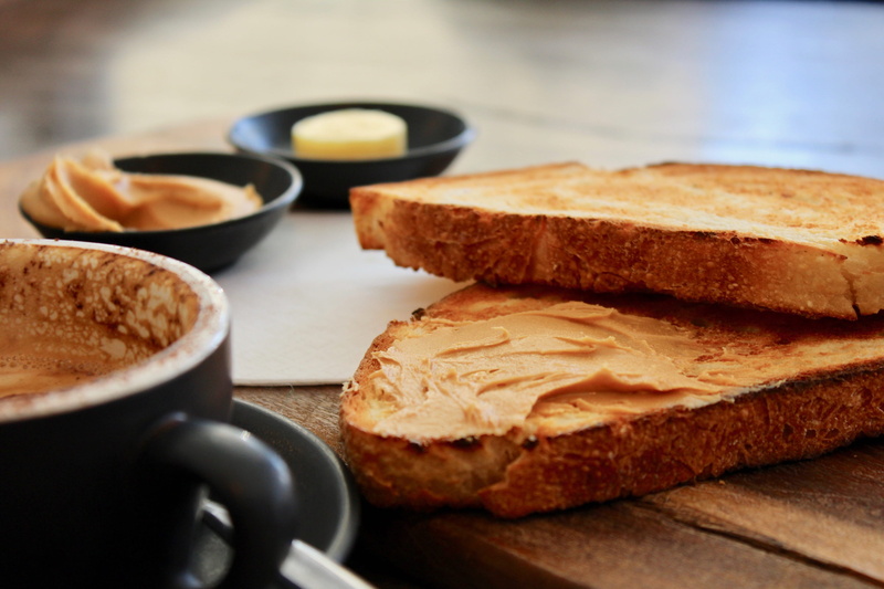 toasted, indoors, warm, cafe, food and drink, french food, table, healthy eating, 2K, peanut butter, slice, cup, eating, toast, wellbeing, butter, drink
