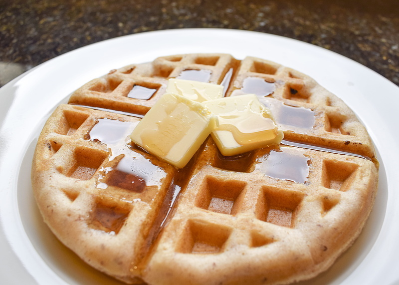 waffles, high angle view, syrup, indoors, united states, temptation, waffle, yellow, butter, brown, serving size, directly above, breakfast, table, red