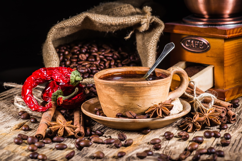 drink, table, cup, hot drink, wood - material, spice, anise, refreshment, close-up, star anise, coffee beans, cinnamon, 5K, crockery, still life, freshness