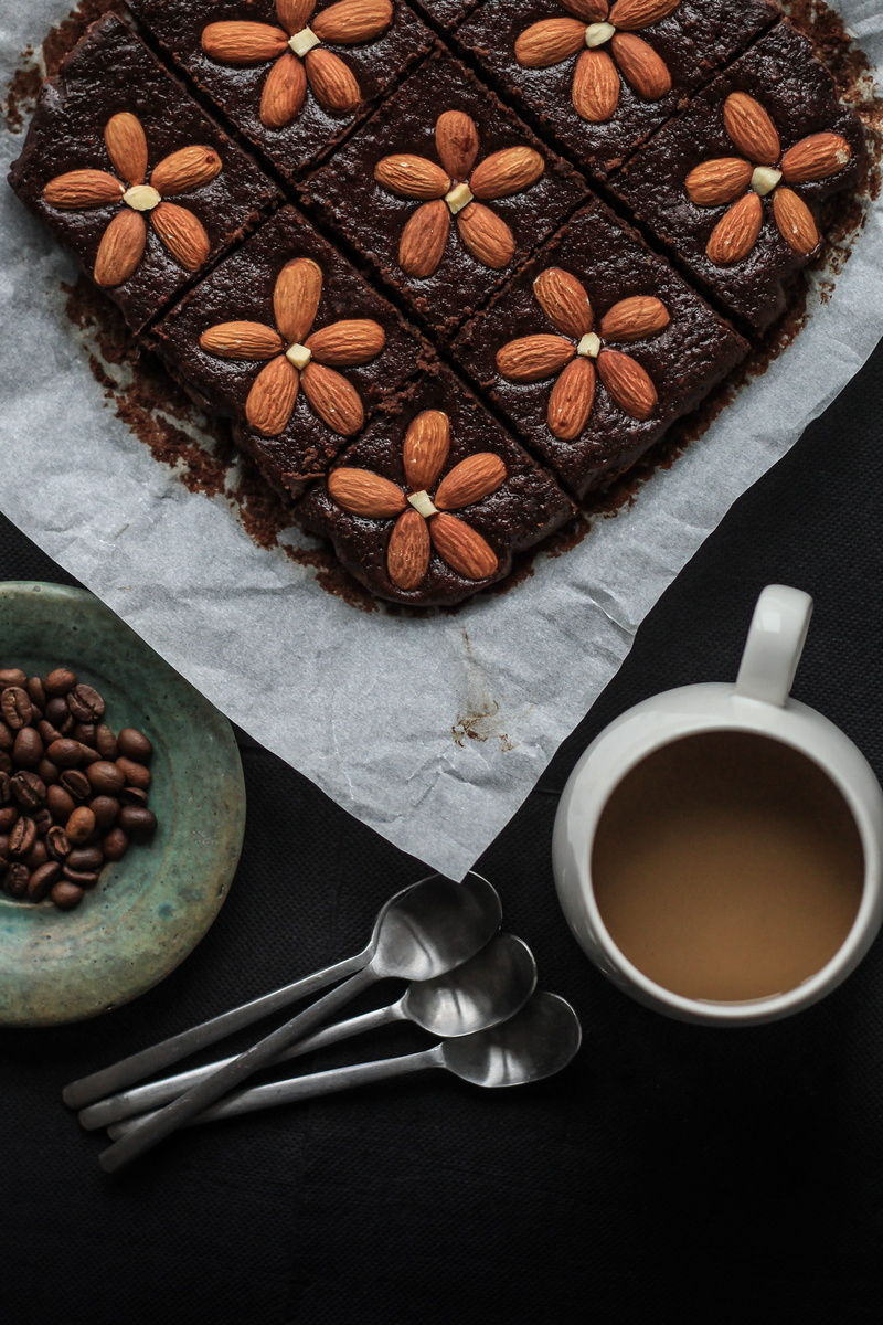 healthy eating, hot drink, high angle view, dessert, spoon, no people, almond, coffee, cake, drink, eating utensil, brownies, crockery, almonds, coffee - drink