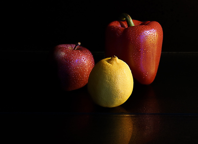4K, table, reflection, apple - fruit, black background, indoors, droplets, lemon, citrus fruit, wellbeing, citrus, red, bell, fruits, ripe, still life