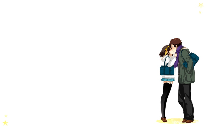 white, haruhi, short, mglg, seifuku, blush, yuutsu, suzumiya, kyon, 1080P, kiss, hair, kairi, thighhighs
