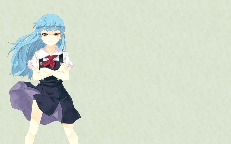 front view, standing, full length, clothing, one person, women, blue hair, colored background, three quarter length, Kiriha, casual clothing, young adult