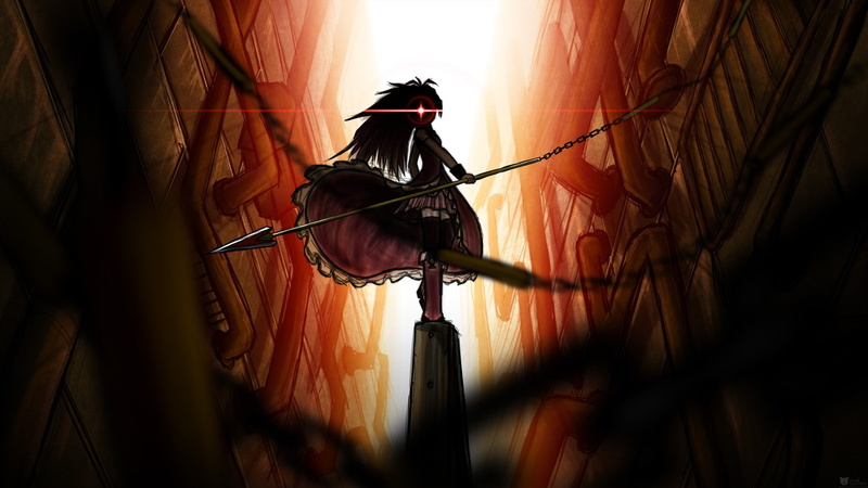 Sakura Kyoko, architecture, 1080P, one person, back lit, Mahou Shoujo Madoka Magica, real people, indoors, sunlight, curtain, day, electric lamp, low angle view