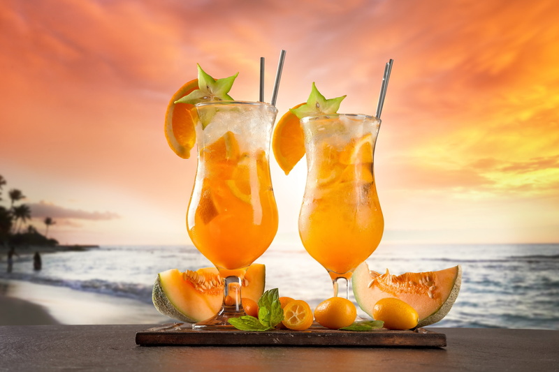 food and drink, healthy eating, aperitif, beach, glass, refreshment, rum, mojito, drink, orange color, drinking glass, sunset, tropical climate, sea, tropical drink