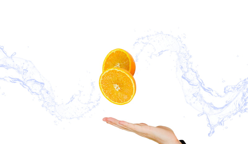 freshness, citrus fruit, orange, indoors, splash, vitamins, finger, gesture, flavors, fruit, motion, food, people, citrus, white background, thehand, food and drink