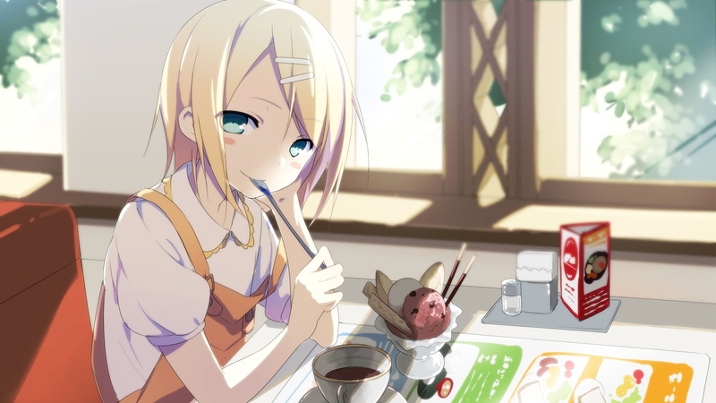 technology, Vocaloid, Kagamine Rin, ice cream, indoors, representation, male likeness, table, blonde, sunlight, figurine, focus on foreground, art and craft
