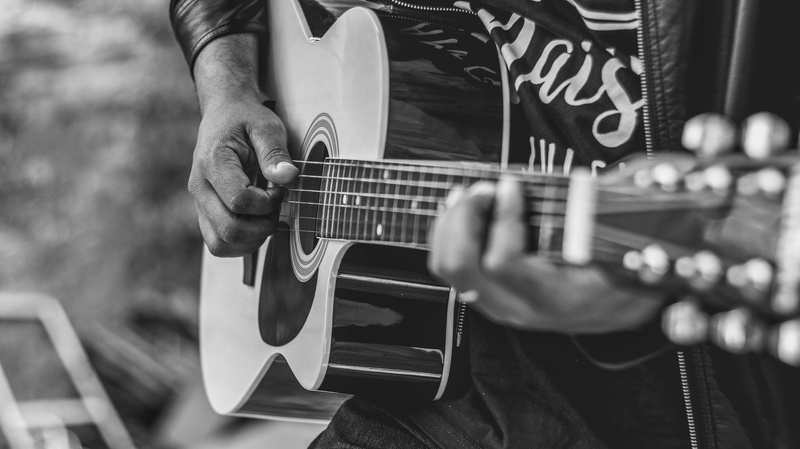 male, musical instrument string, acoustic, person, plucking an instrument, musical instrument, guitar, variants, black and white, musical equipment, guitarist