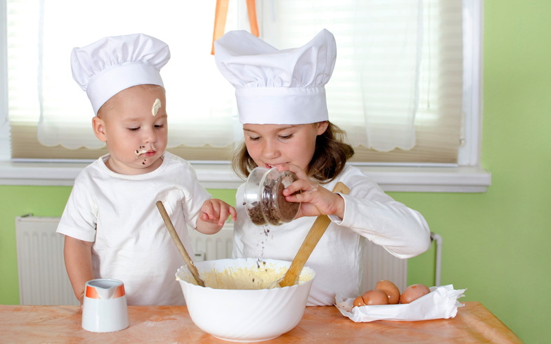 healthy Eating, holding, happiness, boys, uniform, table, family, making, preparation, food, baby, bowl, cream, kneading, indoors, two people, boy, people