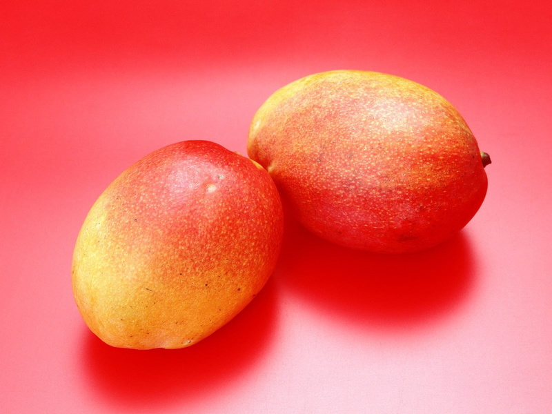 tasty, close-up, ripe, cut out, no people, two, red, still life, studio shot, food and drink, mango fruit, vegetarian food, colored background, wellbeing