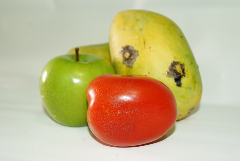 studio shot, focus on foreground, food, dieting, group of objects, green color, close-up, organic, vegetables, vegetarian Food, freshness, mango, ripe