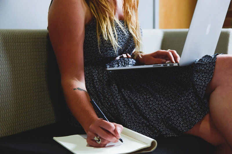 technology, wearing, business, computer, girl, women, indoors, white, student, daytime, communication, office, sitting, notebook, hair, writing, holding
