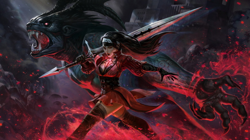art, pose, magic, warrior, grin, 1080P, monster, girl