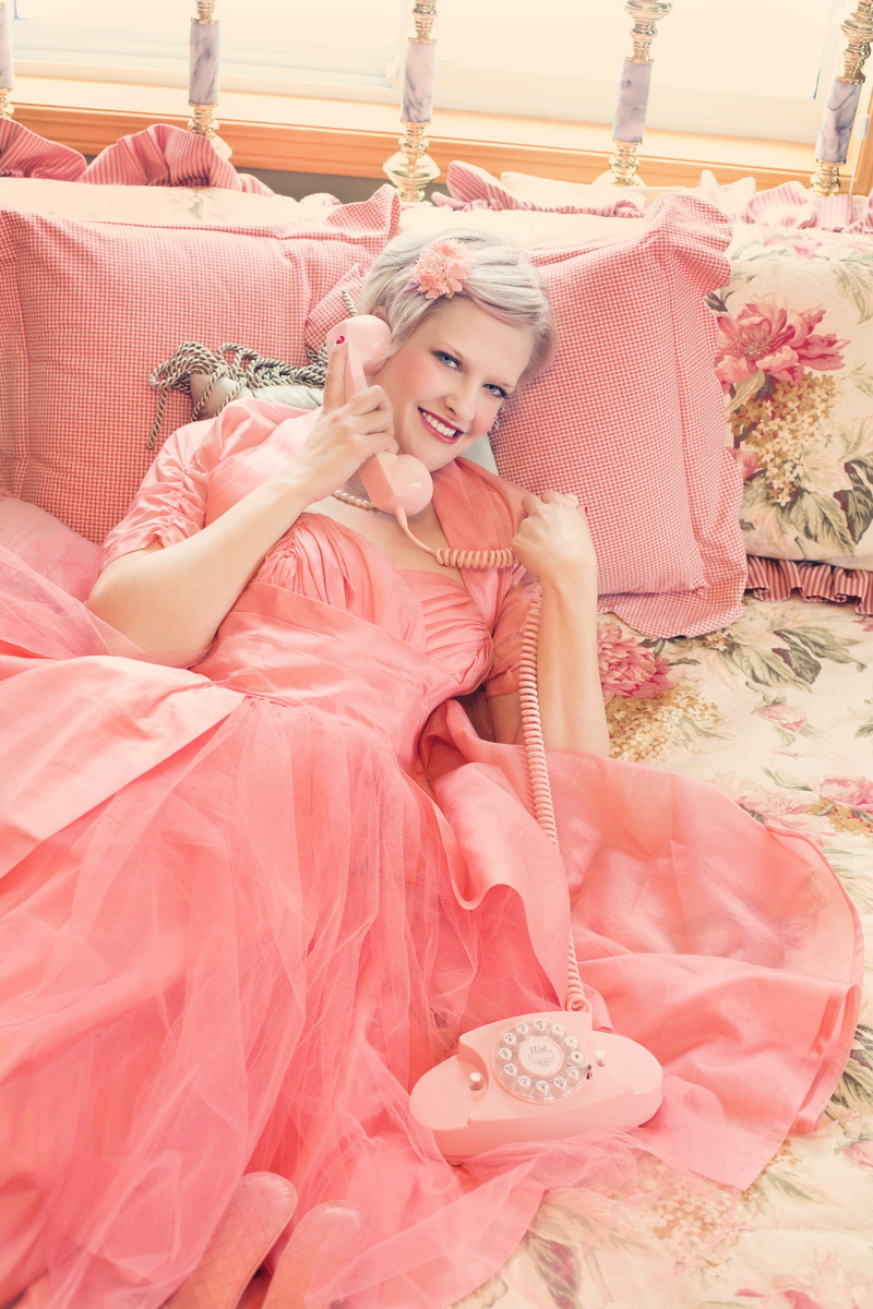 adult, pink color, full length, beauty, smiling, lifestyles, dress, lady, leisure activity, vintage, woman, pink, 5K, attractive, on the phone, women