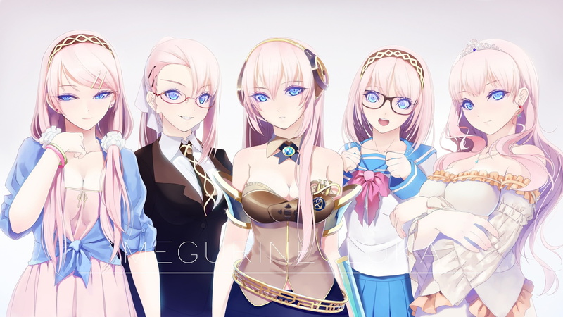 indoors, portrait, hairstyle, megurine luka suits princesses school uniform anime girls women blue eyes glasses pink hair headphones tiaras headband vocaloid