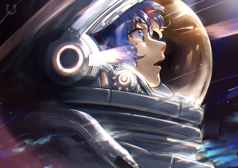anime girls, short hair, space suit, stars, open mouth, anime, 1080P, blue hair, aqua eyes, space
